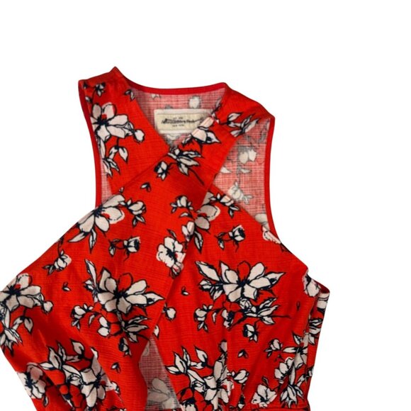Abercrombie & Fitch Dress Womens XS Red Floral Crisscross Halter Skater Keyhole - Picture 5 of 13